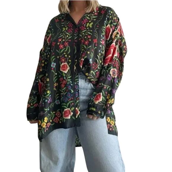 Johnny Was Silk Floral Lightweight Button Up Blouse Emby Top Boho Indie Flowy - Picture 1 of 12
